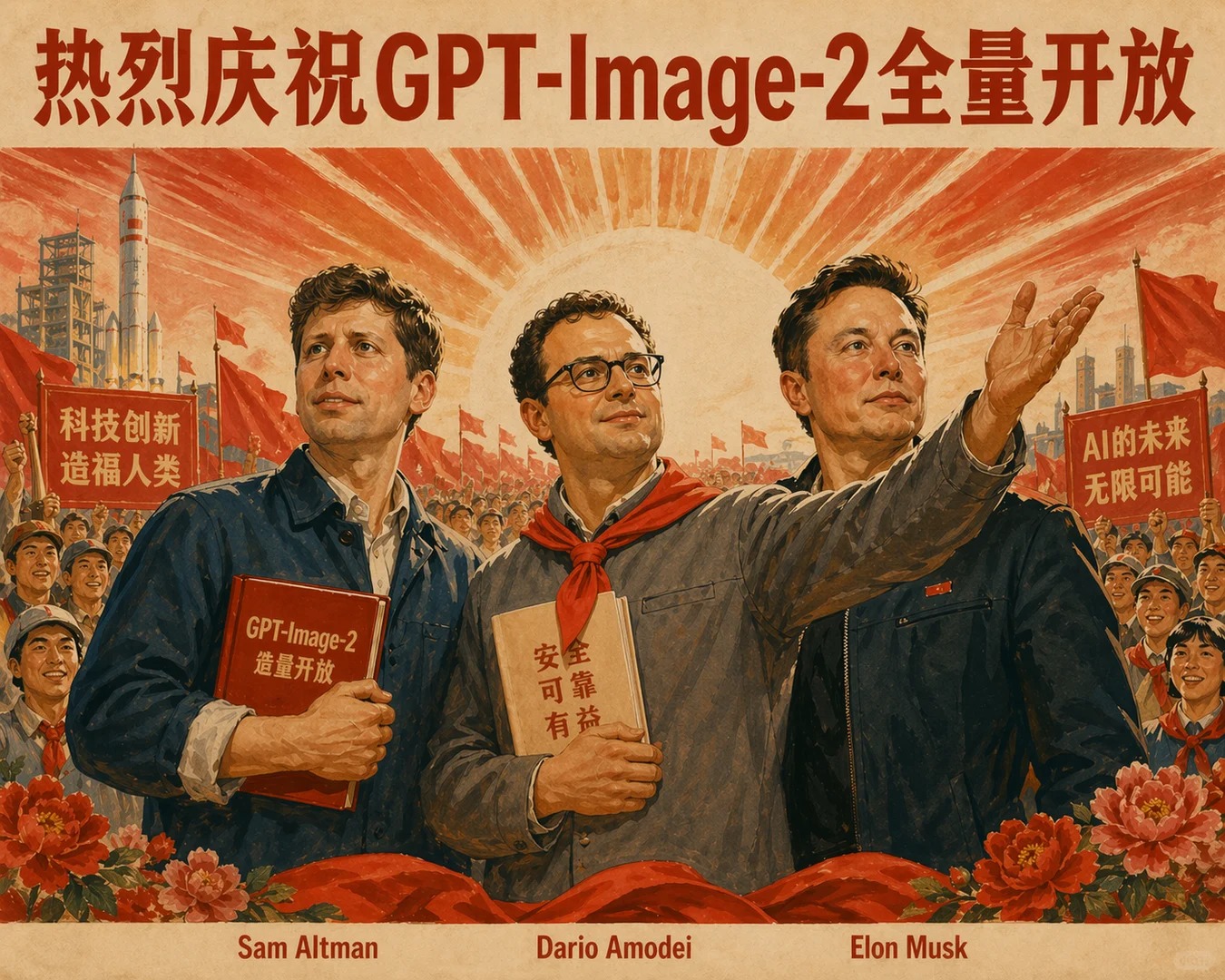 生成八十年代宣传画，标语“热烈庆祝GPT-Imag...